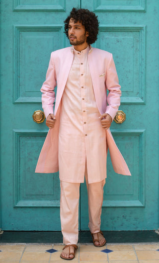Littleens-Pink Embroidered Achkan With Kurta And Trouser-INDIASPOPUP.COM