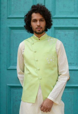 Littleens-Green Embroidered Nehru Jacket Kurta Set-INDIASPOPUP.COM