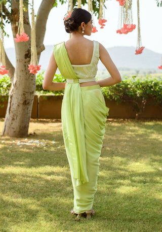 Littleens-Green Embroidered Drape Sari Set-INDIASPOPUP.COM
