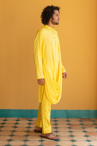 Littleens-Yellow Drape Kurta With Trouser-INDIASPOPUP.COM