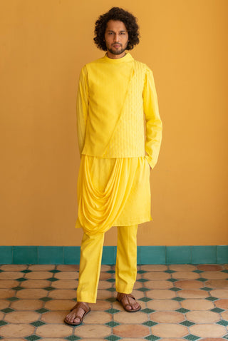 Littleens-Yellow Nehru Jacket Kurta Set-INDIASPOPUP.COM