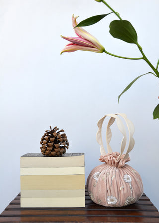 Lavanya Ahuja-Blush Hand Embroidered Drawstring Bag-INDIASPOPUP.COM
