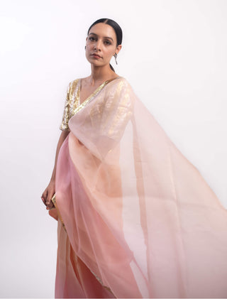 Kapardara-Pink Coral Silk Organza Sari-INDIASPOPUP.COM