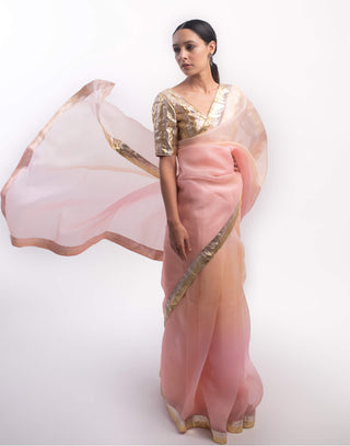 Kapardara-Pink Coral Silk Organza Sari-INDIASPOPUP.COM