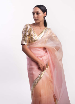 Kapardara-Pink Coral Silk Organza Sari-INDIASPOPUP.COM