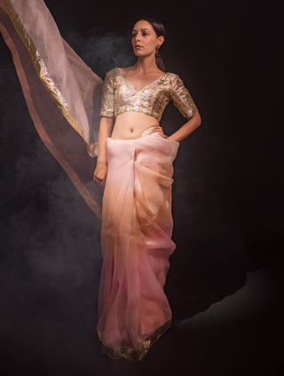 Kapardara-Pink Coral Silk Organza Sari-INDIASPOPUP.COM