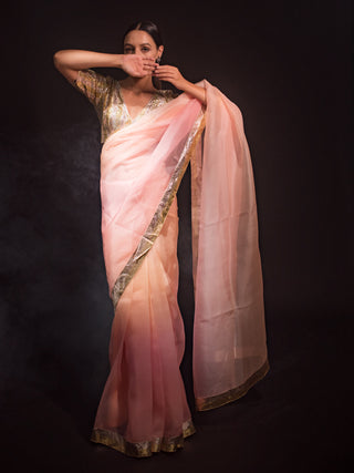 Kapardara-Pink Coral Silk Organza Sari-INDIASPOPUP.COM