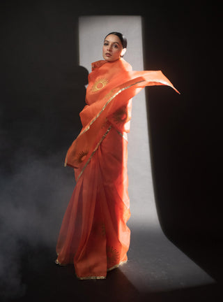 Kapardara-Orange Silk Organza Sari-INDIASPOPUP.COM