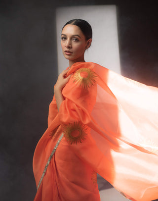 Kapardara-Orange Silk Organza Sari-INDIASPOPUP.COM