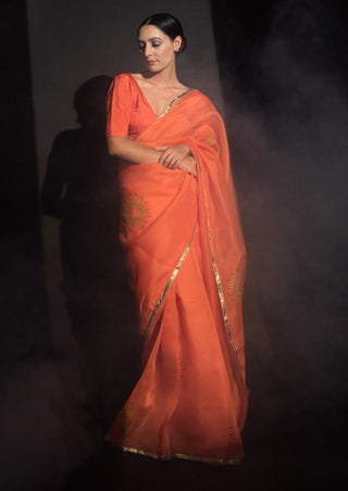 Kapardara-Orange Silk Organza Sari-INDIASPOPUP.COM