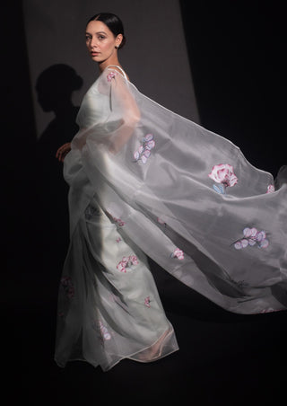 Kapardara-Ivory Painted Silk Organza Sari-INDIASPOPUP.COM