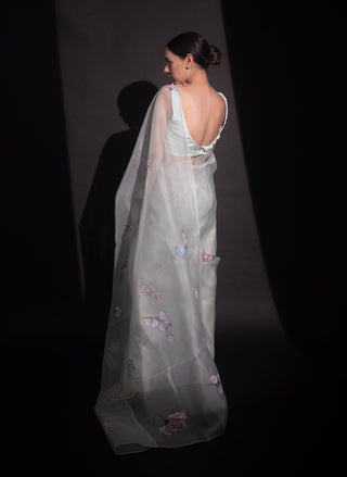 Kapardara-Ivory Painted Silk Organza Sari-INDIASPOPUP.COM