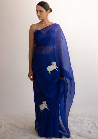 Kapardara-Blue Silk Organza Sari-INDIASPOPUP.COM