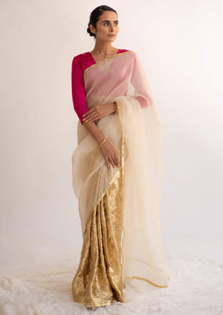 Kapardara-Cream Silk Organza Sari-INDIASPOPUP.COM