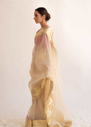 Kapardara-Ivory Gold Silk Organza Sari-INDIASPOPUP.COM