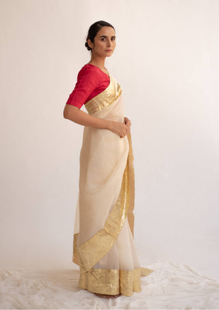 Kapardara-Ivory Gold Silk Organza Sari-INDIASPOPUP.COM