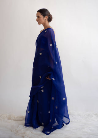 Kapardara-Royal Blue Silk Organza Sari-INDIASPOPUP.COM