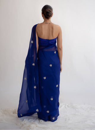 Kapardara-Royal Blue Silk Organza Sari-INDIASPOPUP.COM
