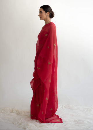 Kapardara-Scarlet Red Silk Organza Sari-INDIASPOPUP.COM