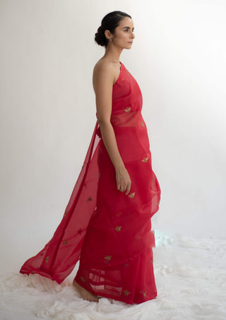 Kapardara-Scarlet Red Silk Organza Sari-INDIASPOPUP.COM