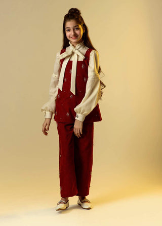 Littleens-Red Corduroy Overlay With Shirt And Trouser-INDIASPOPUP.COM