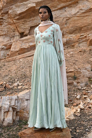 Ease-Mint Blue Nakshi Embroidered Anarkali With Dupatta-INDIASPOPUP.COM