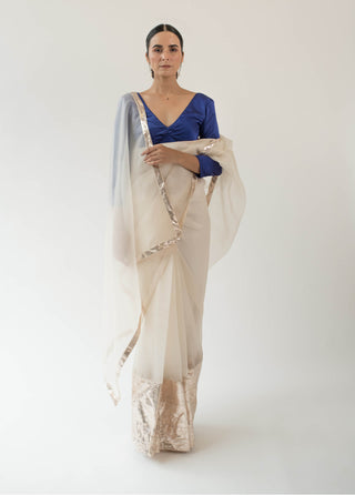 Kapardara-Pearl White Silk Organza Sari-INDIASPOPUP.COM