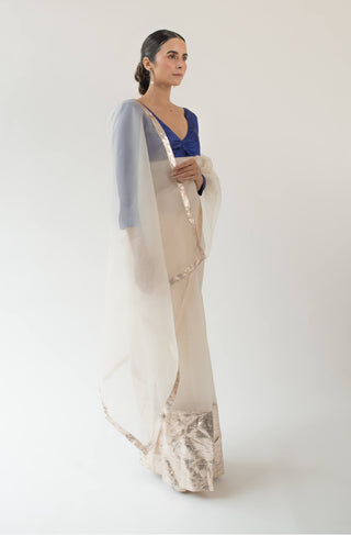 Kapardara-Pearl White Silk Organza Sari-INDIASPOPUP.COM