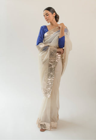 Kapardara-Pearl White Silk Organza Sari-INDIASPOPUP.COM