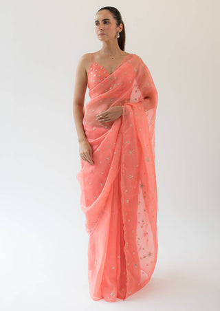 Kapardara-Coral Carina Silk Organza Sari-INDIASPOPUP.COM
