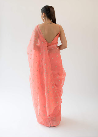 Kapardara-Coral Carina Silk Organza Sari-INDIASPOPUP.COM