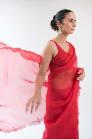 Kapardara-Ruby Red Silk Organza Sari-INDIASPOPUP.COM