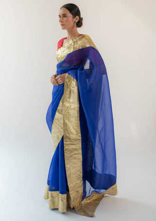 Kapardara-Blue Silk Organza Sari-INDIASPOPUP.COM