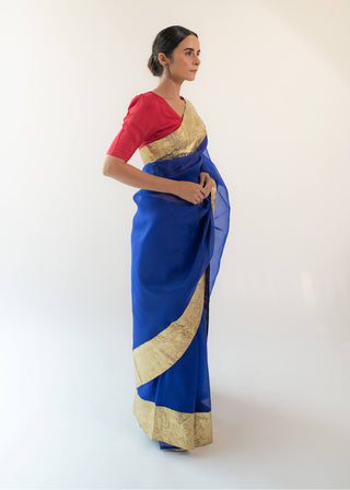 Kapardara-Blue Silk Organza Sari-INDIASPOPUP.COM