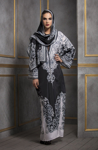 Rajdeep Ranawat-Black & White Kimono Dress With Stole-INDIASPOPUP.COM