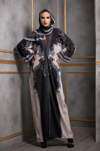 Rajdeep Ranawat-Cream & Black Kimono Dress With Stole-INDIASPOPUP.COM