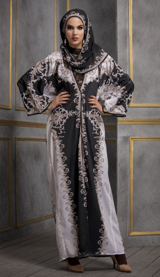 Rajdeep Ranawat-Beige & Black Kimono Dress With Stole-INDIASPOPUP.COM