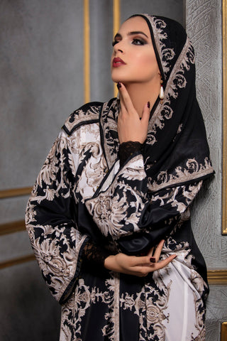 Rajdeep Ranawat-Beige & Black Kimono Dress With Stole-INDIASPOPUP.COM