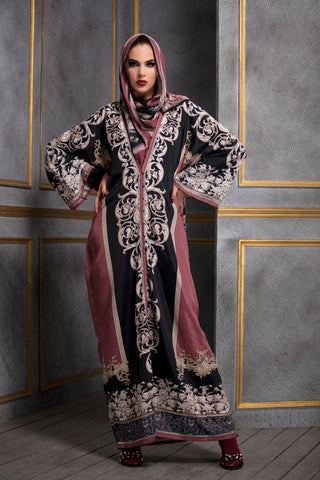 Rajdeep Ranawat-Raspberry & Black Kimono Dress With Stole-INDIASPOPUP.COM