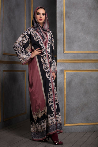 Rajdeep Ranawat-Raspberry & Black Kimono Dress With Stole-INDIASPOPUP.COM