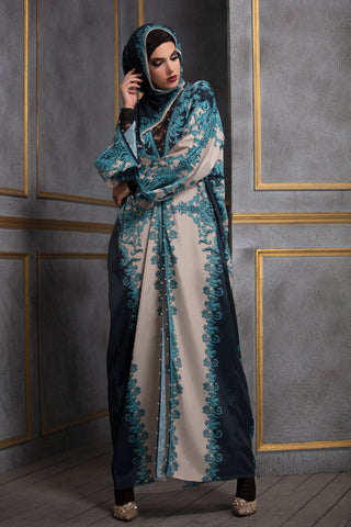 Rajdeep Ranawat-Turquoise & Beige Kimono Dress With Stole-INDIASPOPUP.COM