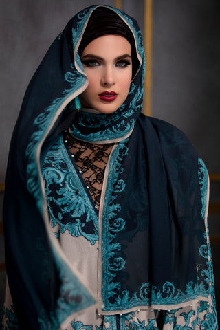 Rajdeep Ranawat-Turquoise & Beige Kimono Dress With Stole-INDIASPOPUP.COM