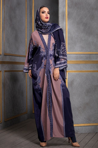 Rajdeep Ranawat-Old Rose & Navy Kimono Dress With Stole-INDIASPOPUP.COM