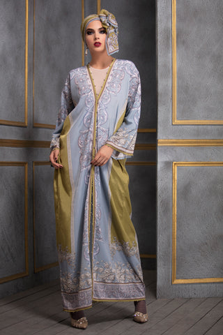 Rajdeep Ranawat-Mustard & Grey Kimono Dress With Stole-INDIASPOPUP.COM