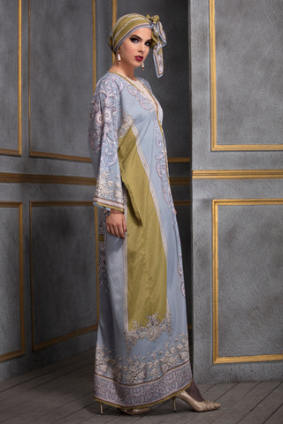 Rajdeep Ranawat-Mustard & Grey Kimono Dress With Stole-INDIASPOPUP.COM