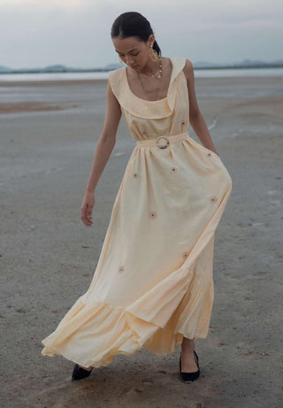 The Loom Art-Pale Yellow Daffodil Shift Dress-INDIASPOPUP.COM