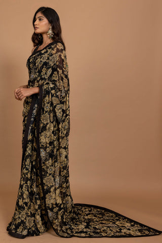 Varun Bahl-Black Floral Printed Sari Set-INDIASPOPUP.COM