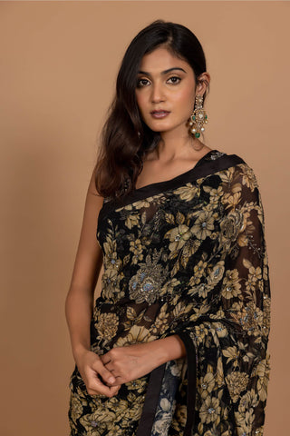 Varun Bahl-Black Floral Printed Sari Set-INDIASPOPUP.COM