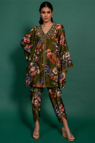 Varun Bahl-Olive Green Printed Tunic With Pants-INDIASPOPUP.COM