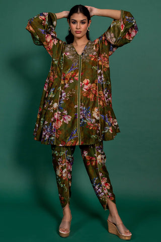 Varun Bahl-Olive Green Printed Tunic With Pants-INDIASPOPUP.COM